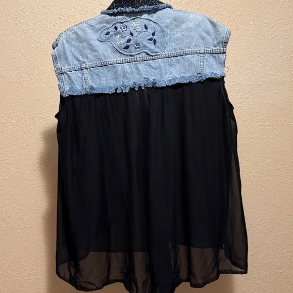 Sleeveless denim & black chiffon long sequin jacket duster high low custom flowy - Picture 14 of 14